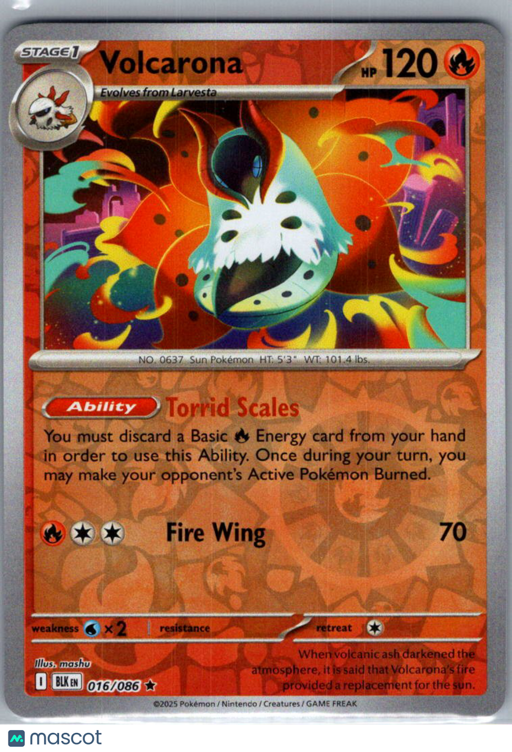 2025 Black Bolt Volcarona Reverse Holo Rare #16/86