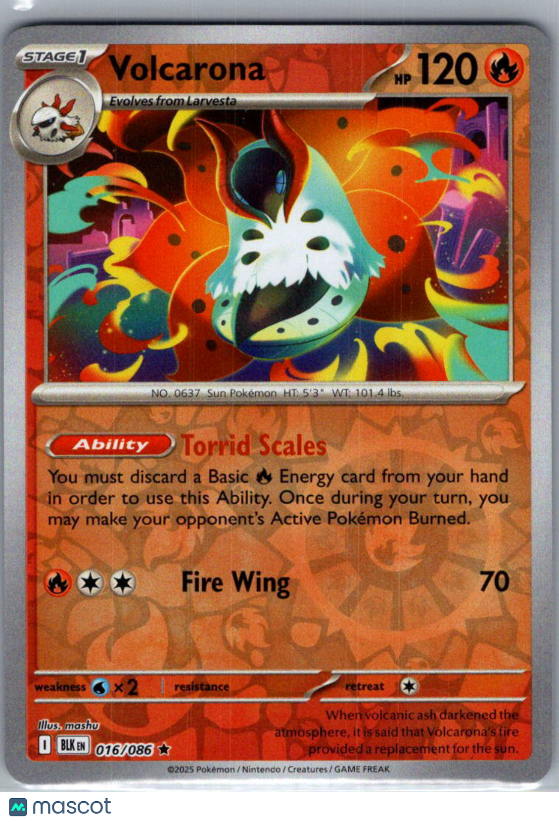 2025 Black Bolt Volcarona Reverse Holo Rare #16/86