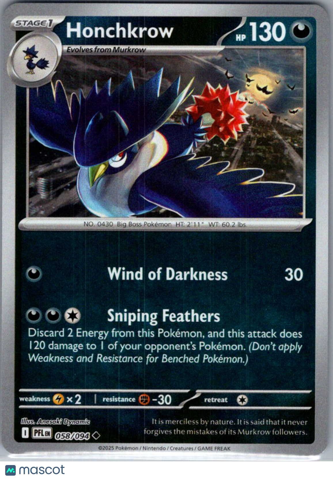 2025 Mega Evolution – Phantasmal Flames Honchkrow Reverse Holo Uncommon #58/94