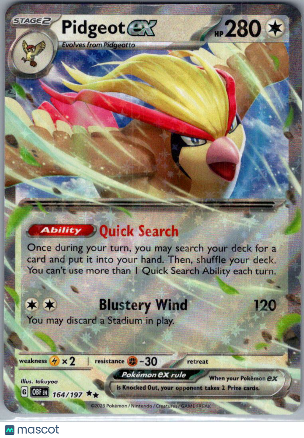 2023 Obsidian Flames Pidgeot EX Holo Double Rare RR #164/197