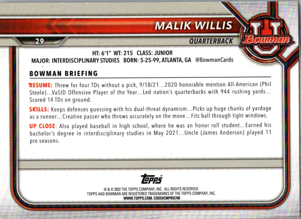 2022 Bowman University Malik Willis #29