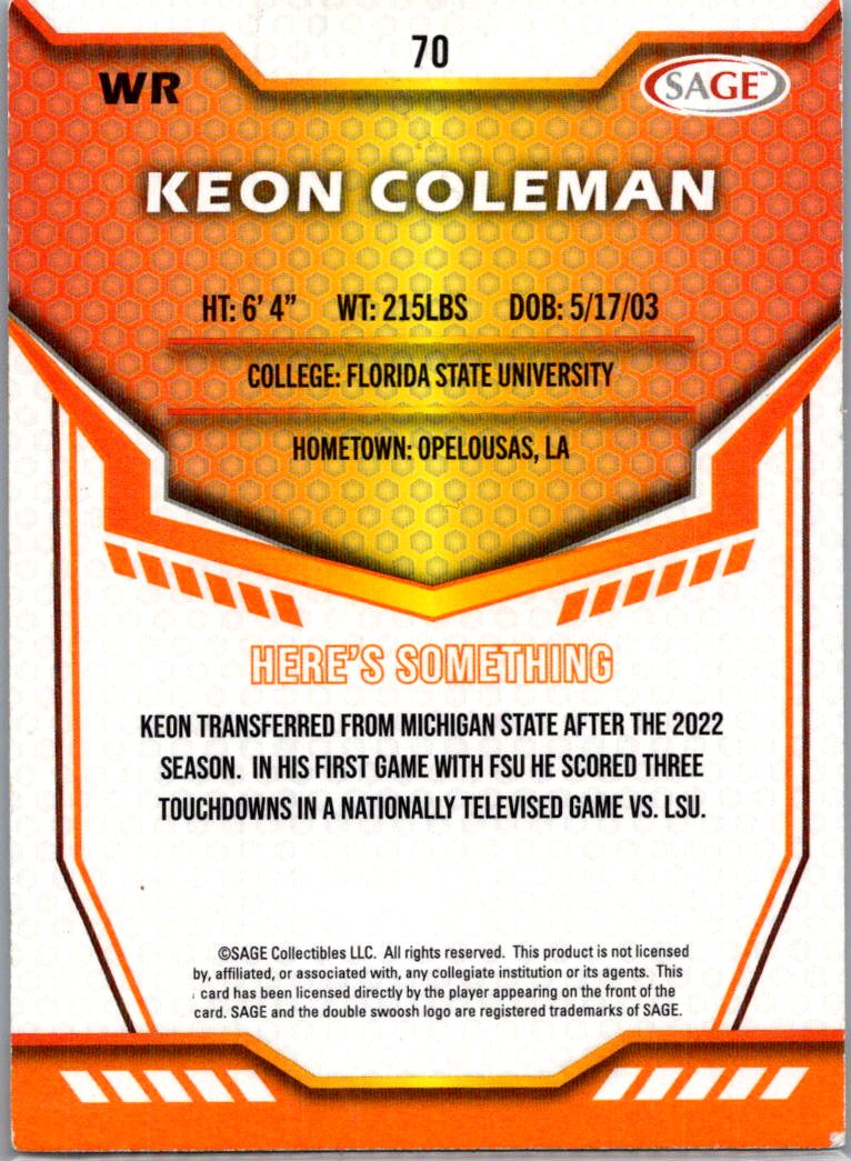 2024 SAGE Keon Coleman #70