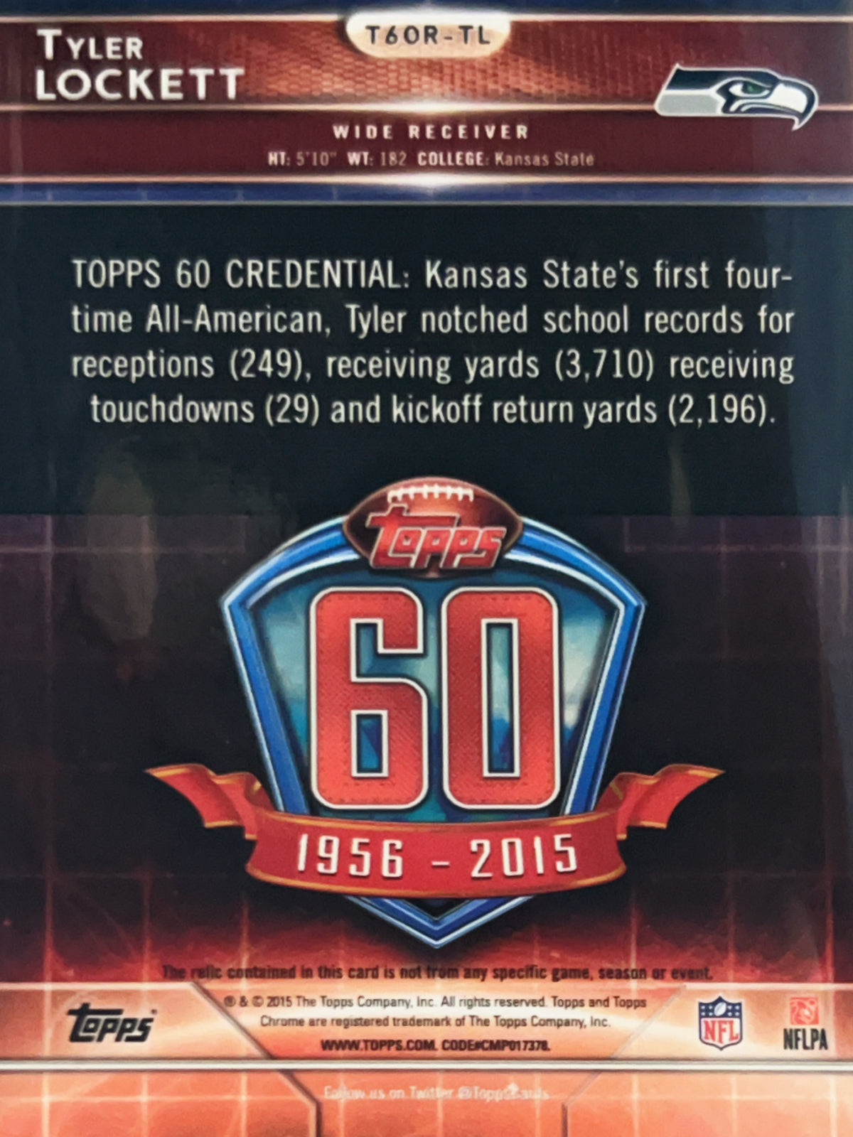 2015 Topps Chrome Tyler Lockett #T60R-TL Green Relic Memorabilia