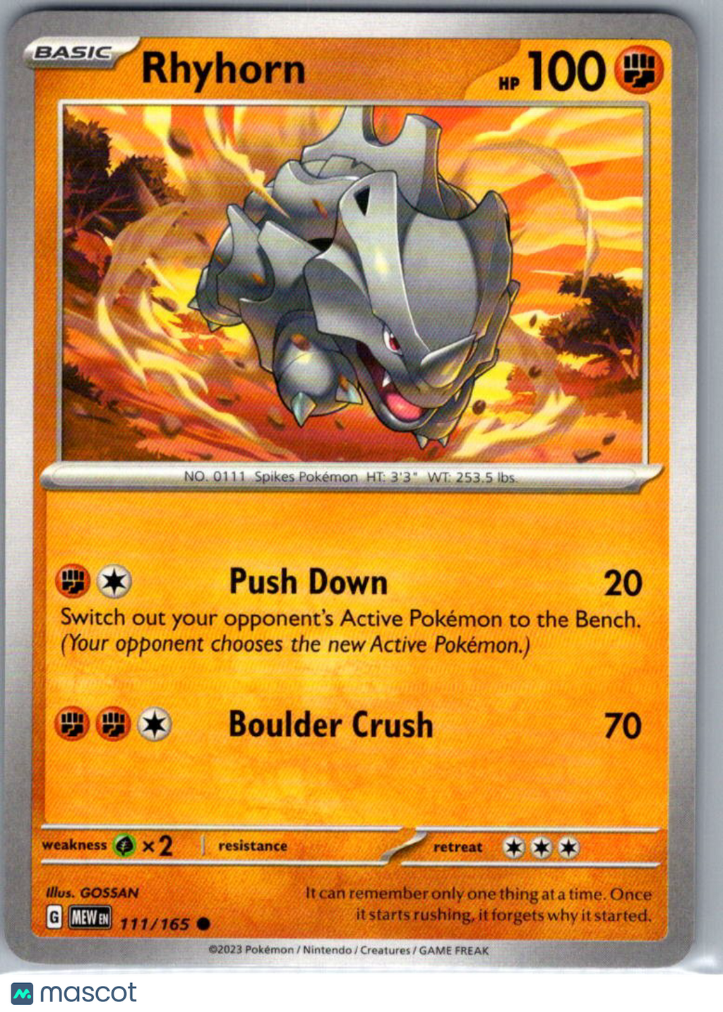 2023 Scarlet & Violet 151 Rhyhorn Reverse Holo #111/165
