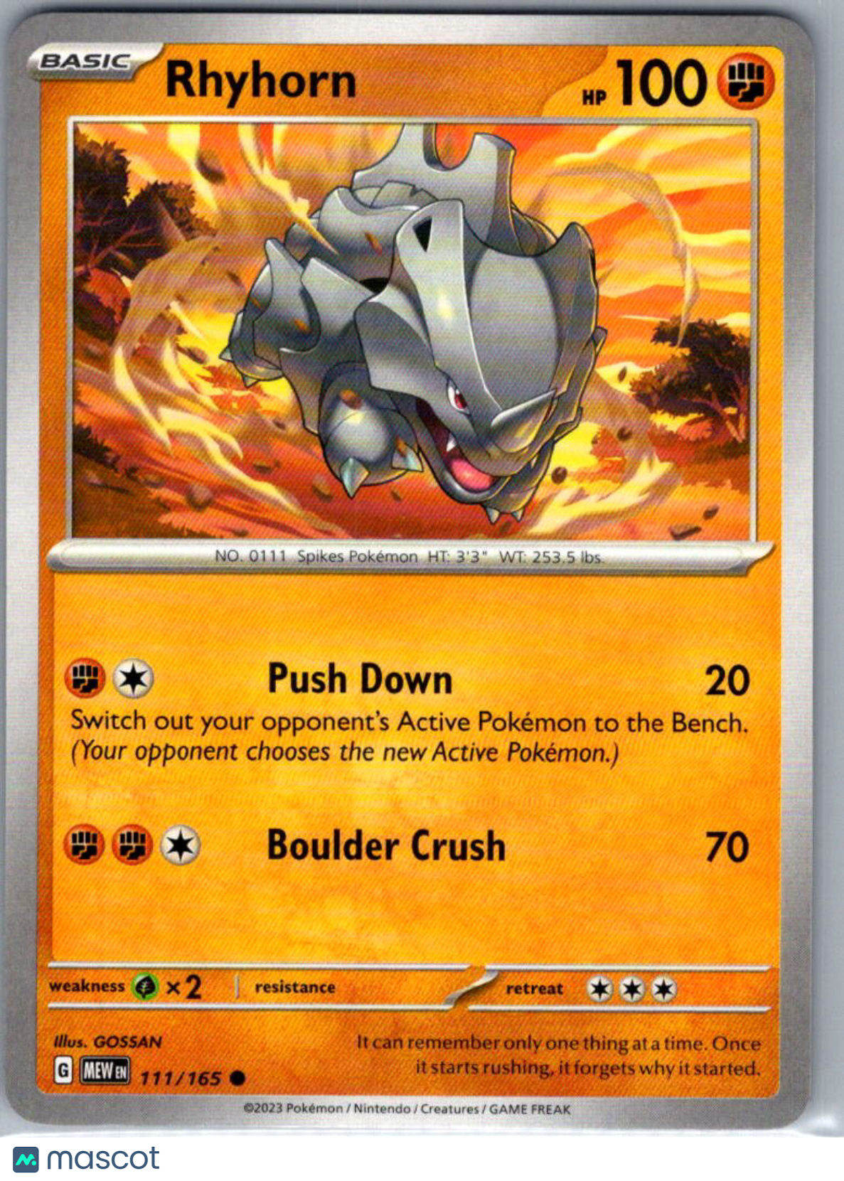 2023 Scarlet & Violet 151 Rhyhorn Reverse Holo #111/165