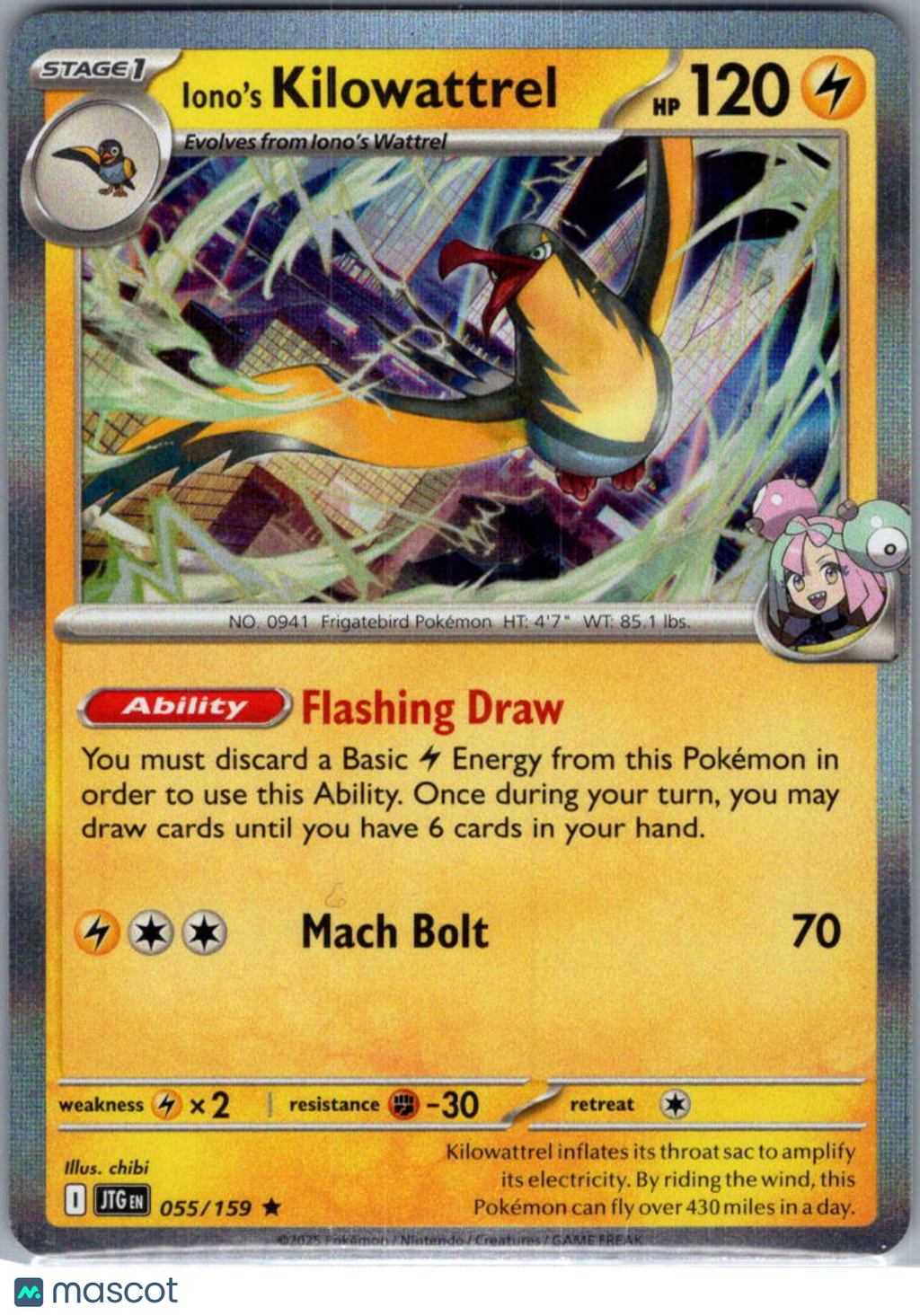 2025 Journey Together Iono's Kilowattrel Holo Rare #55/159