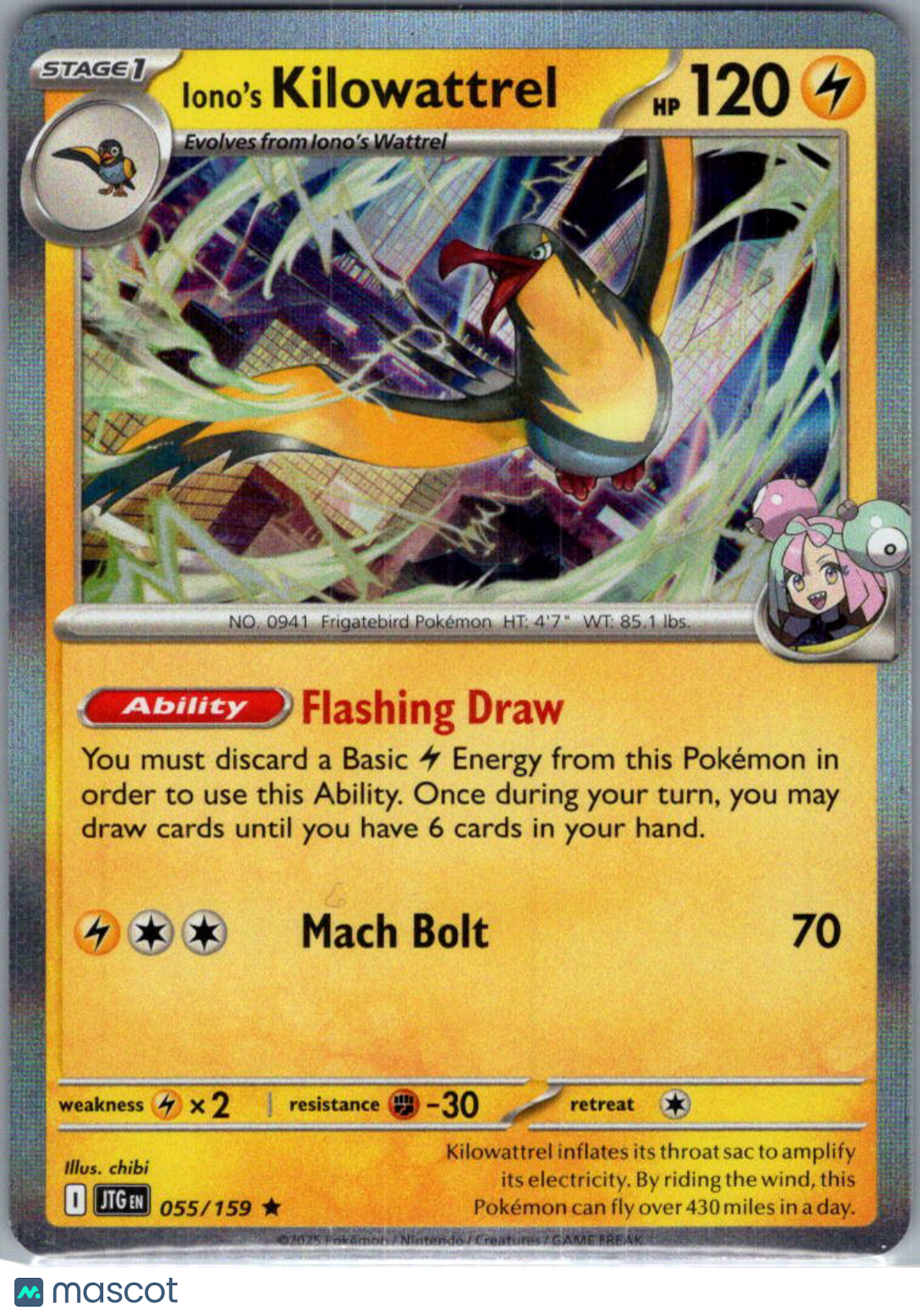 2025 Journey Together Iono's Kilowattrel Holo Rare #55/159