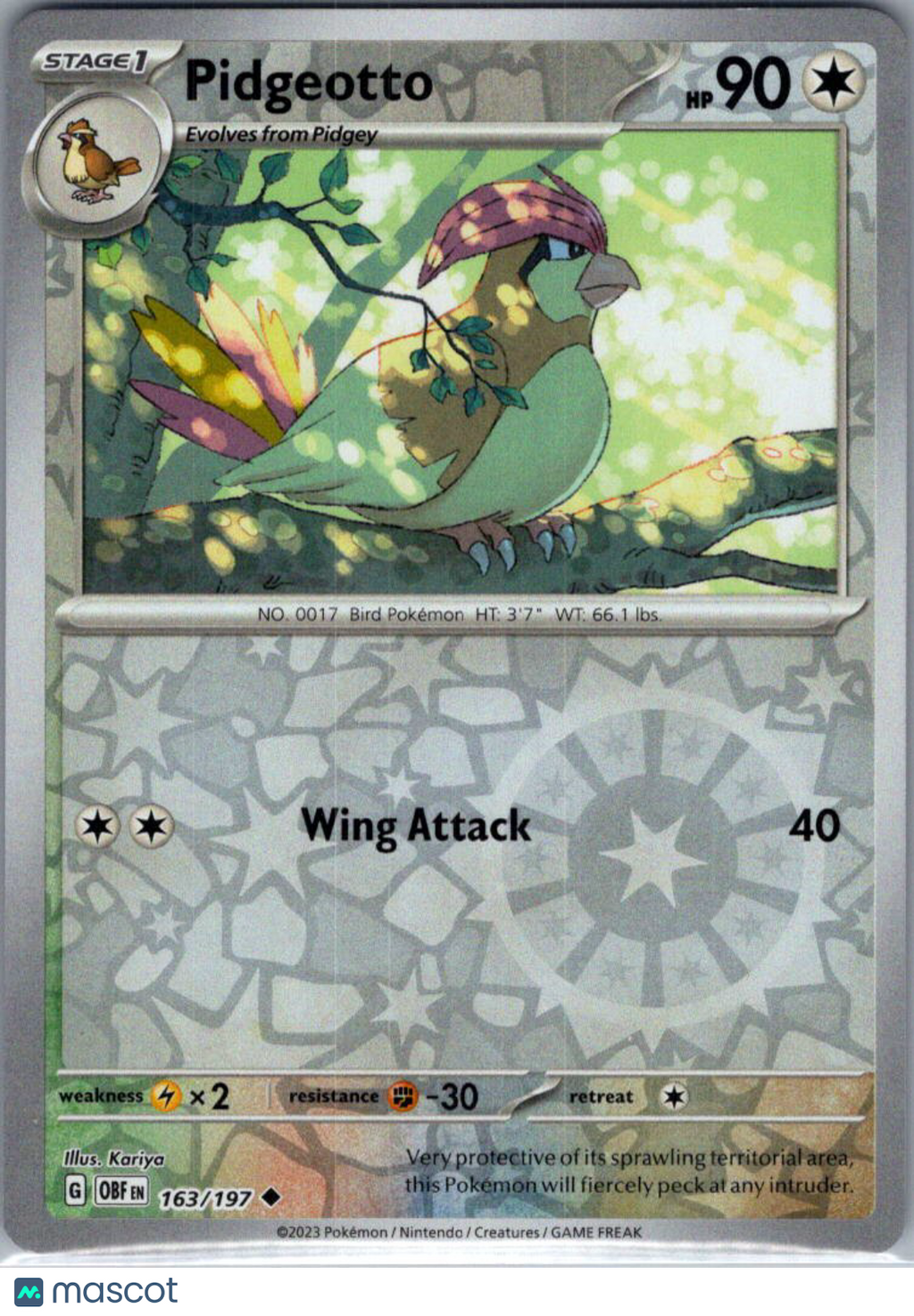 2023 Obsidian Flames Pidgeotto Reverse Holo Uncommon #163/197