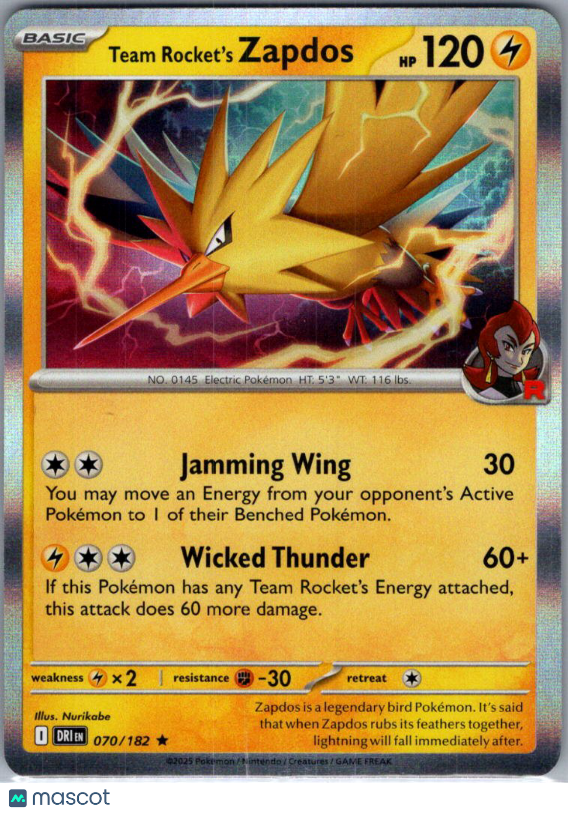 2025 Destined Rivals Team Rocket's Zapdos Holo Rare #70/182
