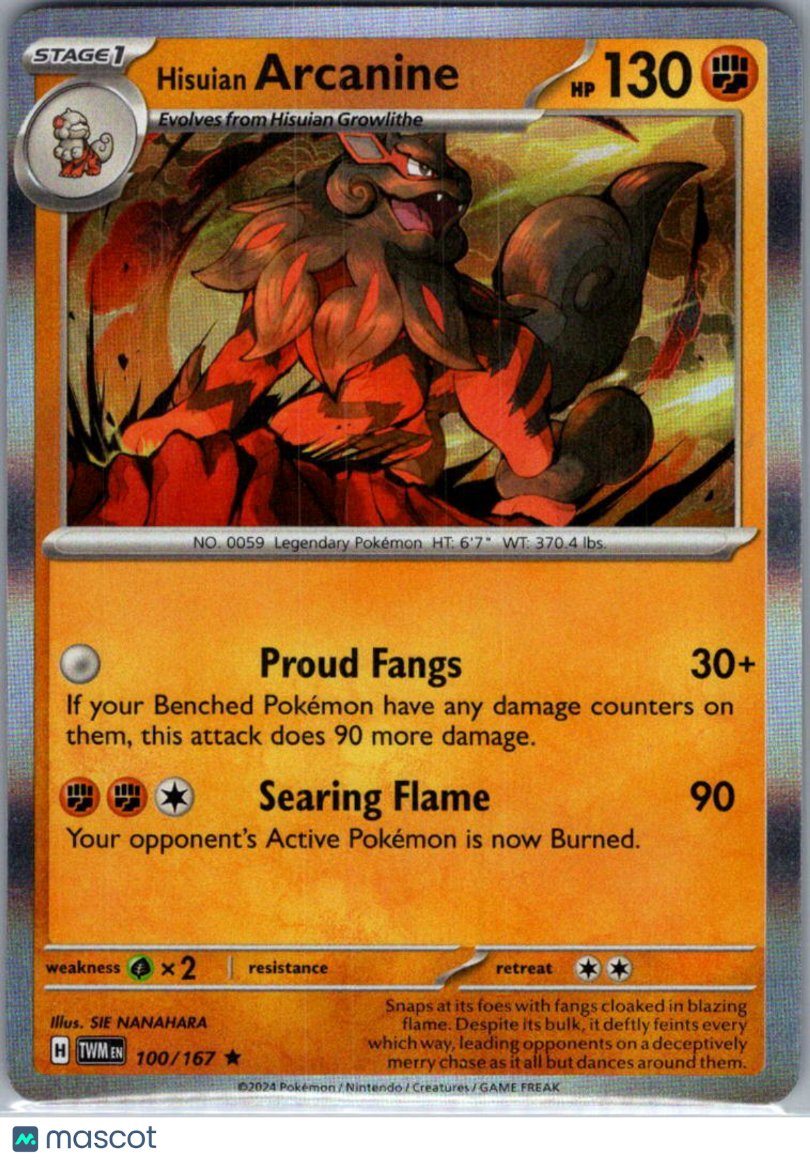 2024 Twilight Masquerade Hisuian Arcanine Holo Rare #100/167