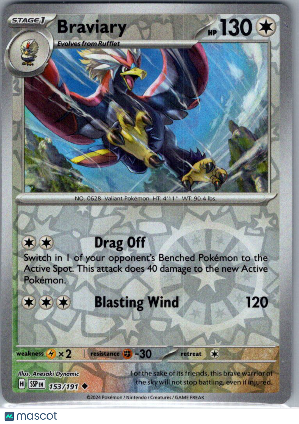 2024 Surging Sparks Braviary Reverse Holo Uncommon #153/191