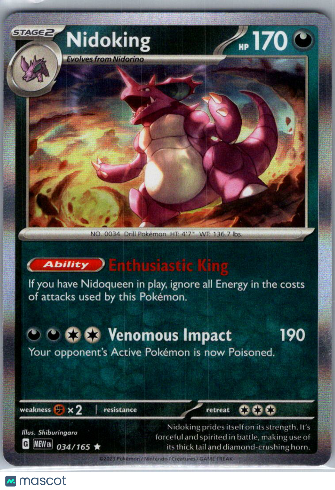 2023 Scarlet & Violet 151 Nidoking Reverse Holo Rare #34/165