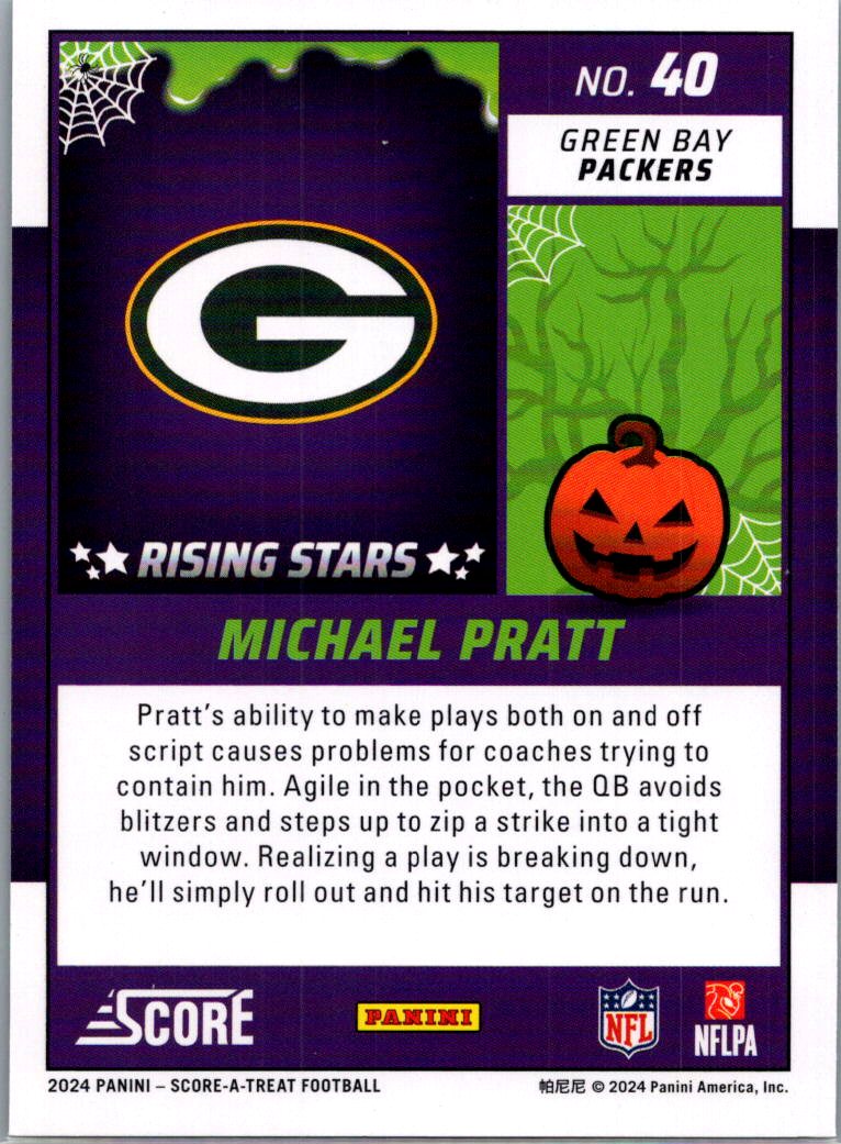 2024 Panini Score-A-Treat Football Michael Pratt #40 Halloween Green RC
