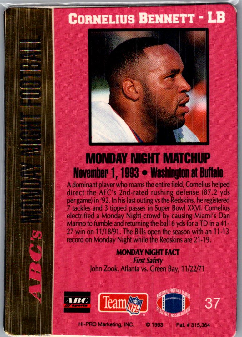 1993 Action Packed ABC's Monday Night Football Cornelius Bennett #37