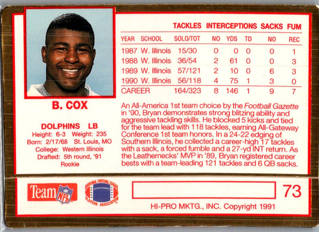 1991 Action Packed Bryan Cox #73
