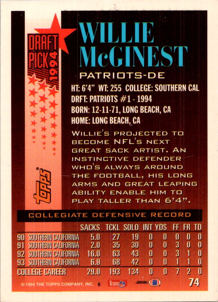 1994 Topps Willie McGinest #74