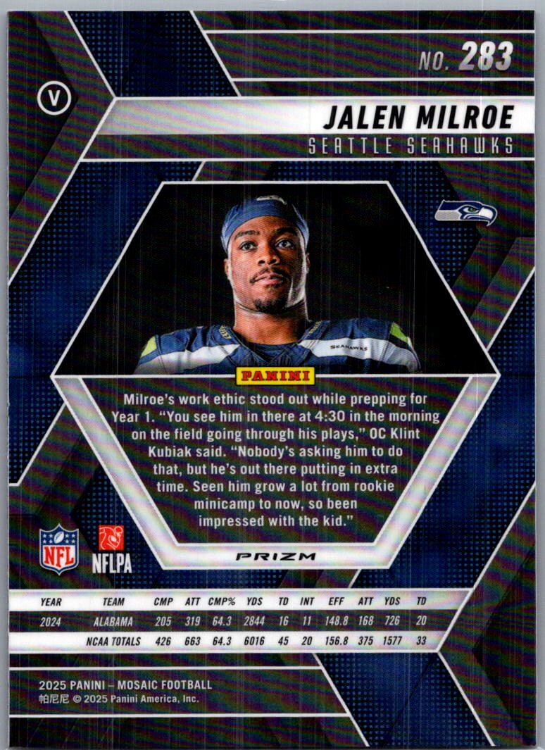 2025 Panini Mosaic Football Jalen Milroe #283 Purple RC