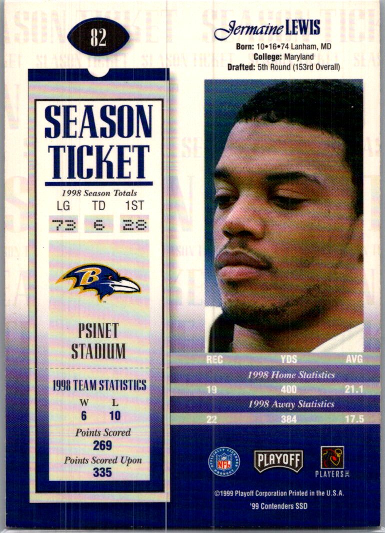 1999 Playoff Contenders SSD Season Ticket Jermaine Lewis #82