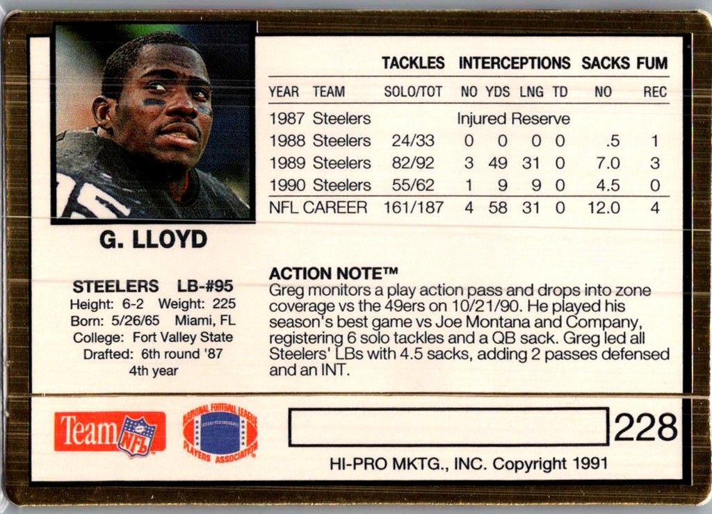 1991 Action Packed Greg Lloyd #228