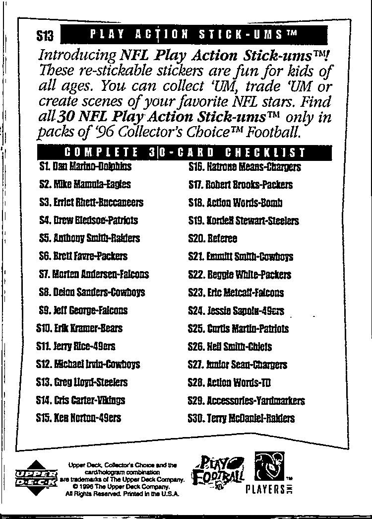 1996 Upper Deck Collector's Choice Play Action Stick-ums Greg Lloyd #S13