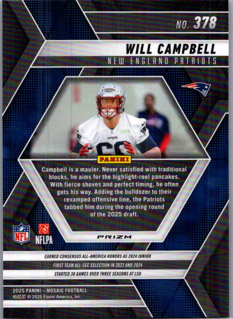 2025 Panini Mosaic Football Will Campbell #378 Purple RC