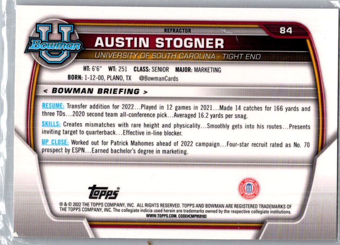 2022 Bowman University Austin Stogner #84 Refractor