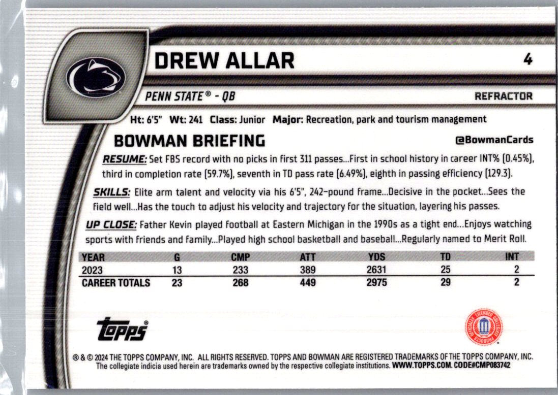 2024 Bowman Chrome Drew Allar #4 Refractor