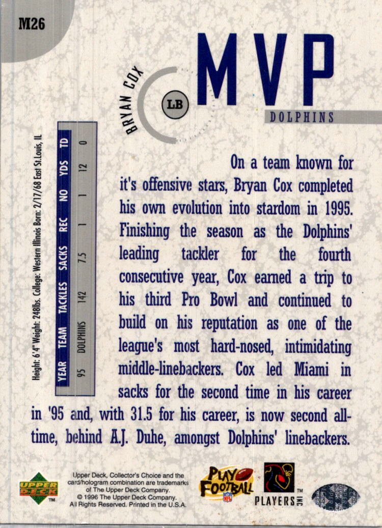 1996 Upper Deck Collector's Choice Bryan Cox #M26 MVP