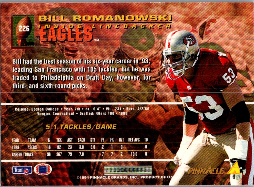 1994 Pinnacle Bill Romanowski #226