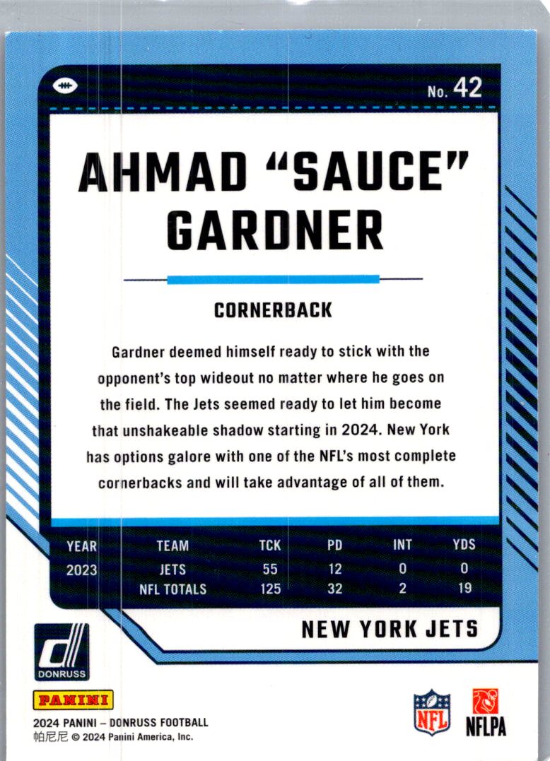 2024 Donruss Ahmad "Sauce" Gardner #42 Purple Press Proof