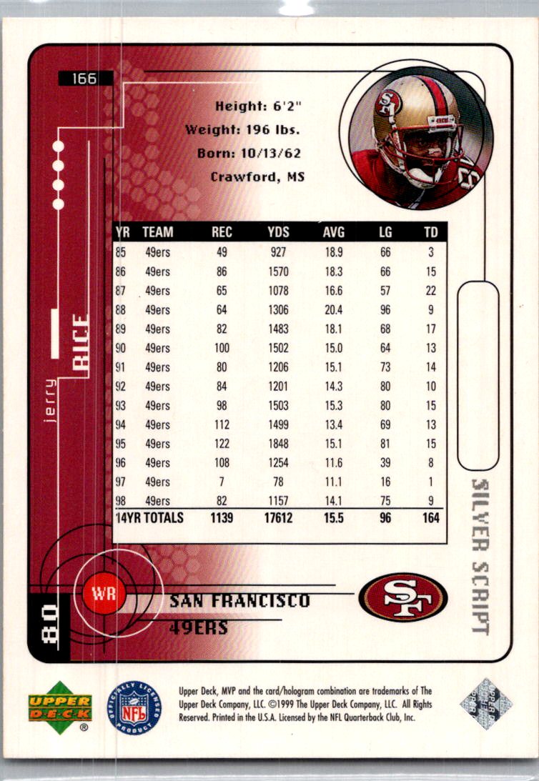 1999 Upper Deck MVP Jerry Rice #166 Silver Script