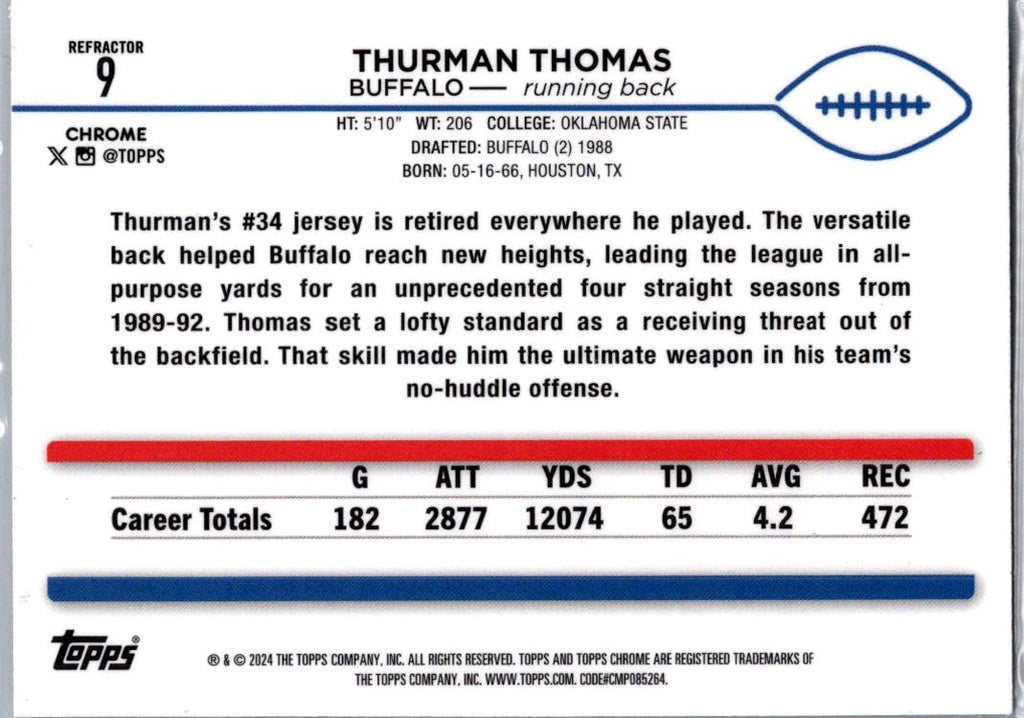 1989 Topps Chrome Thurman Thomas #9 Refractor