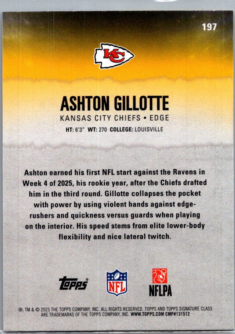 2025 Topps Chrome Ashton Gillotte #197 Yellow & Black RC