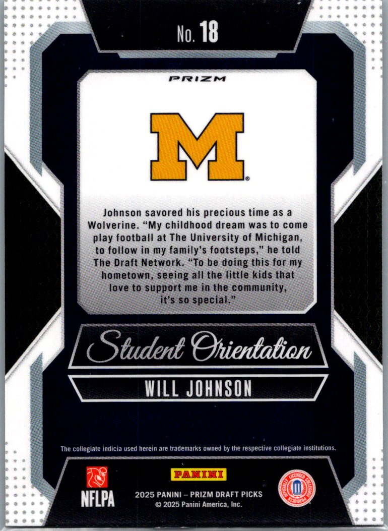 2025 Panini Prizm Draft Picks Student Orientation Will Johnson #18 Green RC