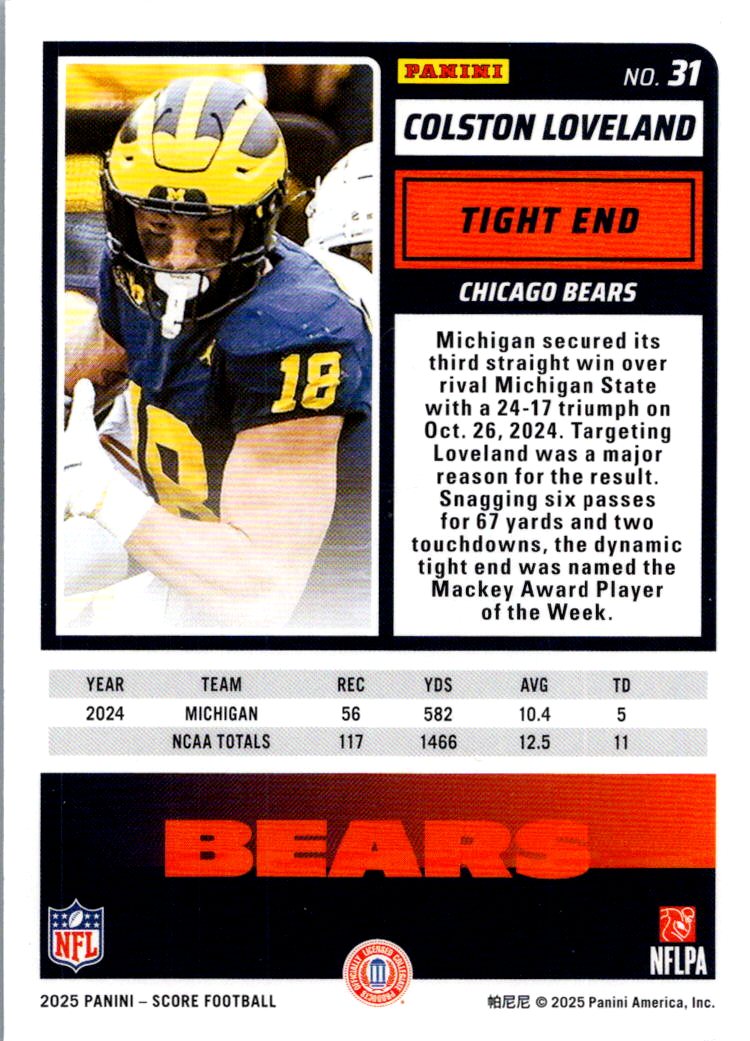 2025 Panini Score Football Colston Loveland #31 RC