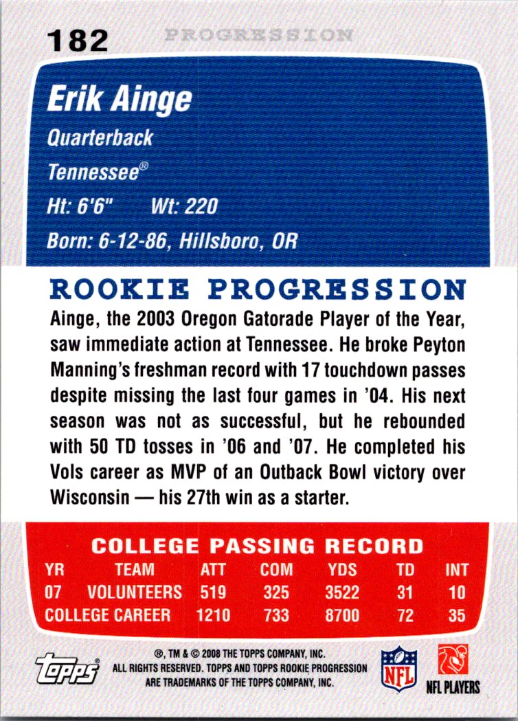 2008 Topps Progression Erik Ainge #182 RC