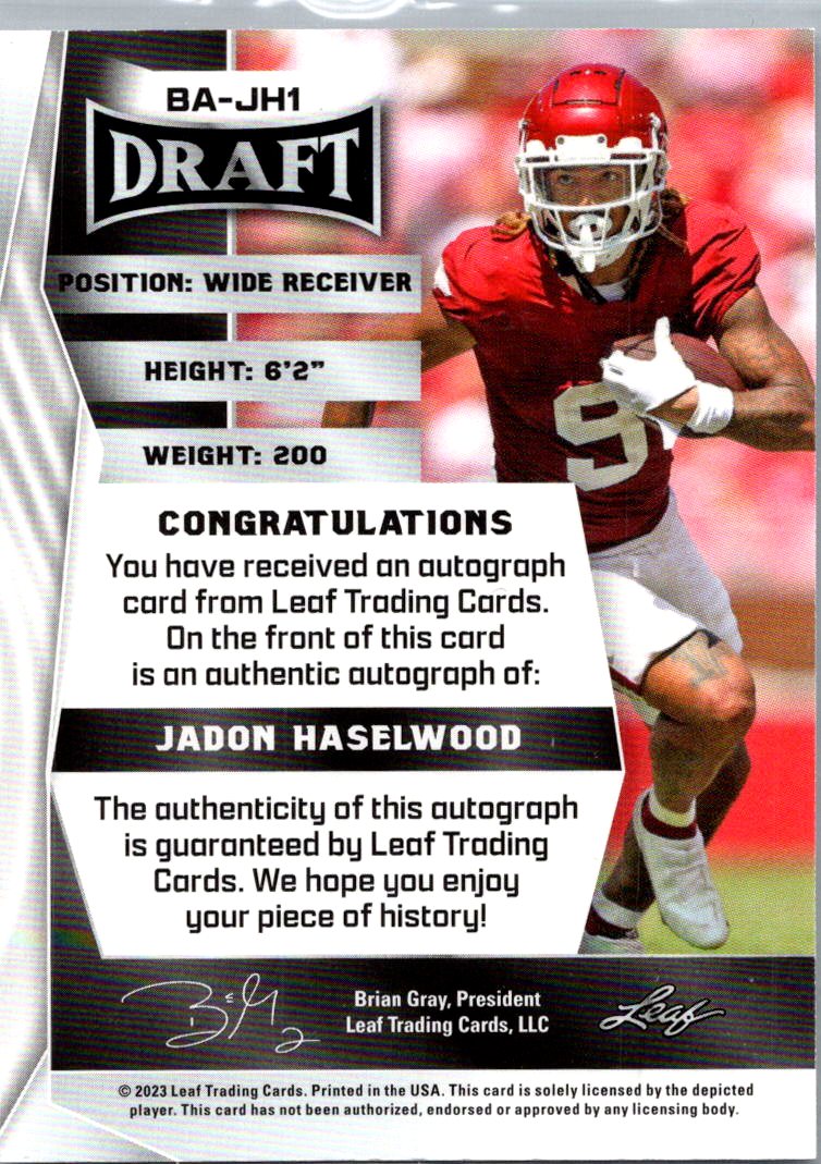 2023 Leaf Draft Jadon Haselwood #BA-JH1 RC Auto