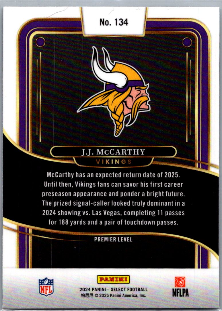 2025 Panini Select Football J.J. McCarthy #134 Premier Level RC