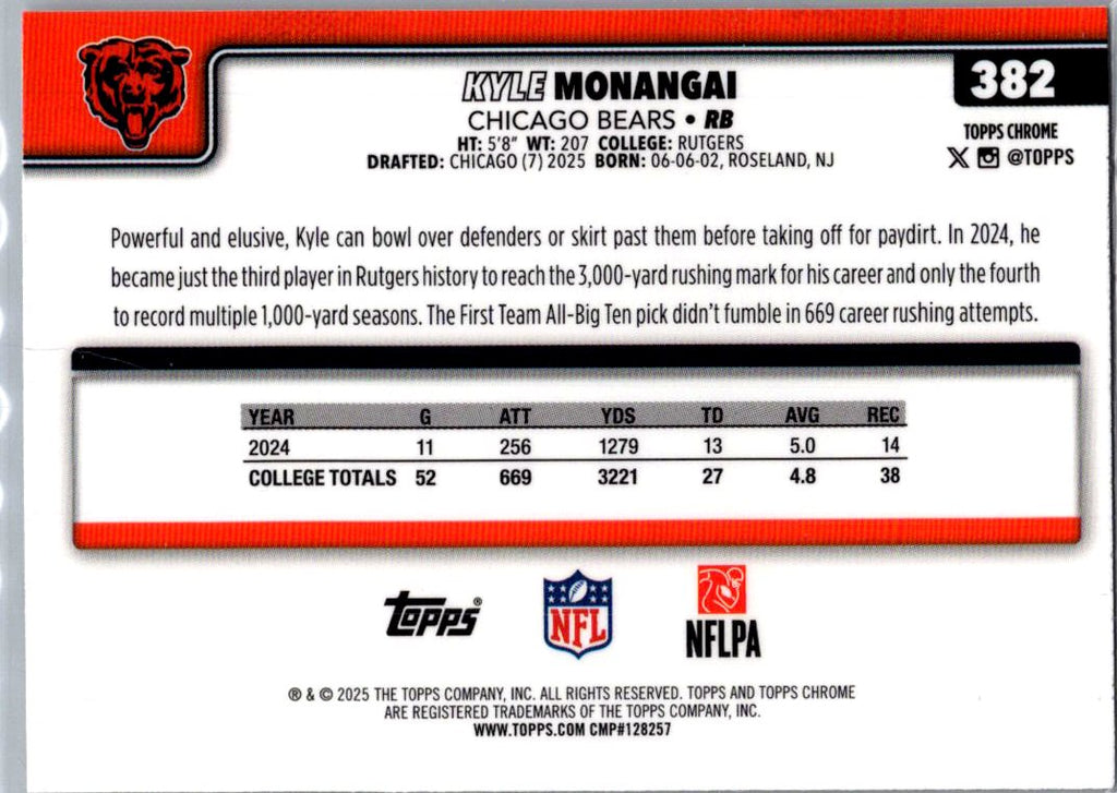 2025 Topps Chrome Kyle Monangai #382 RC