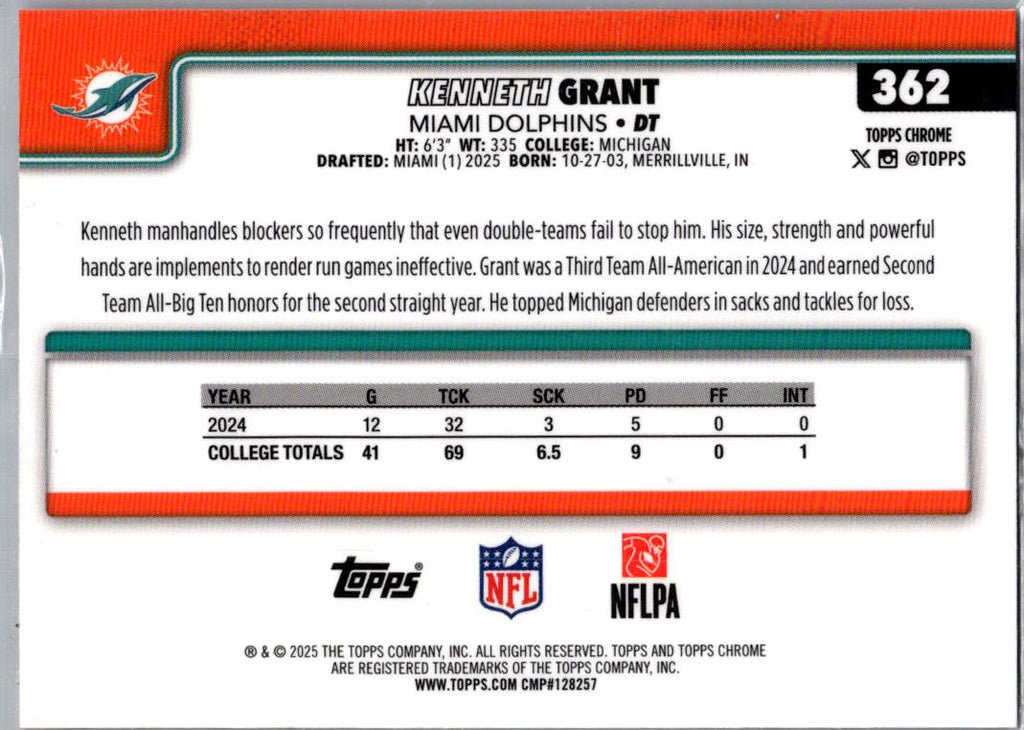 2025 Topps Chrome Kenneth Grant #362 Red White & Blue RC