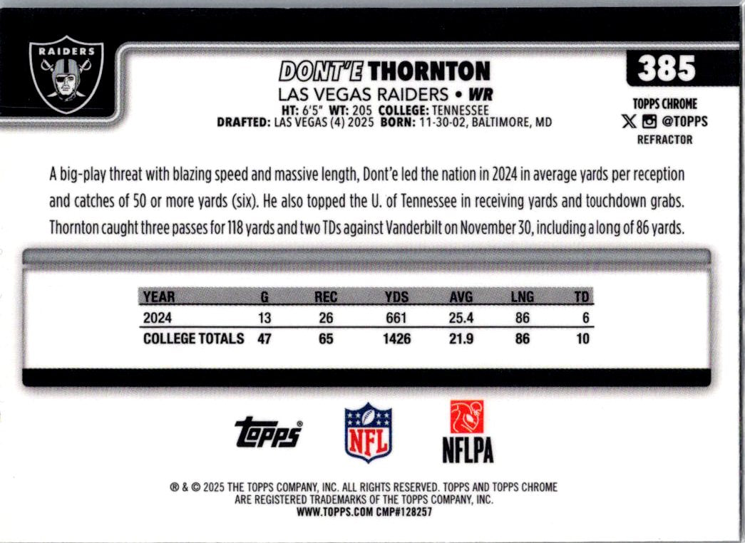 2025 Topps Chrome Dont'e Thornton Jr. Dont'e Thornton #385 Refractor RC