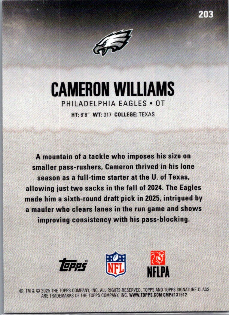 2025 Topps Cameron Williams #203 Purple & Black RC