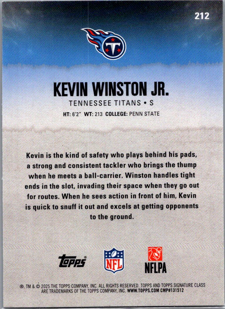 2025 Topps Signature Class Kevin Winston Jr. #212 Purple & Black RC
