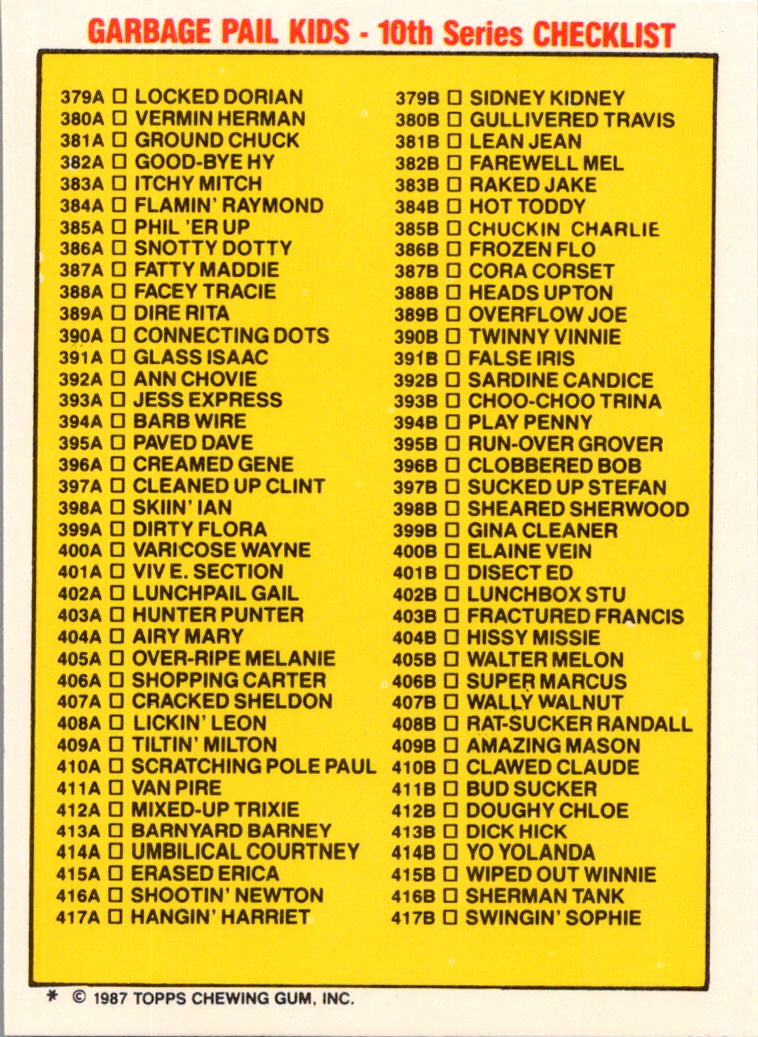 1987 Topps Garbage Pail Kids Series 10 Hot Toddy Sticker Checklist #384b