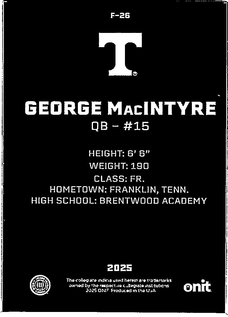 2025 ONIT Athlete Tennessee Volunteers Football George MacIntyre #F-26