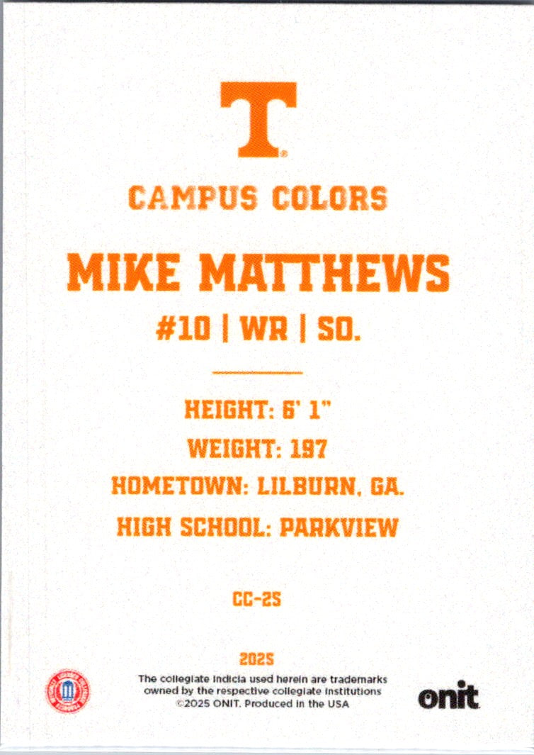 2025 ONIT Tennessee Volunteers Campus Colors Mike Matthews #CC-25 /249