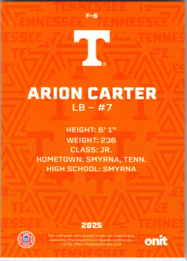 2025 ONIT Tennessee Volunteers Arion Carter #F-6