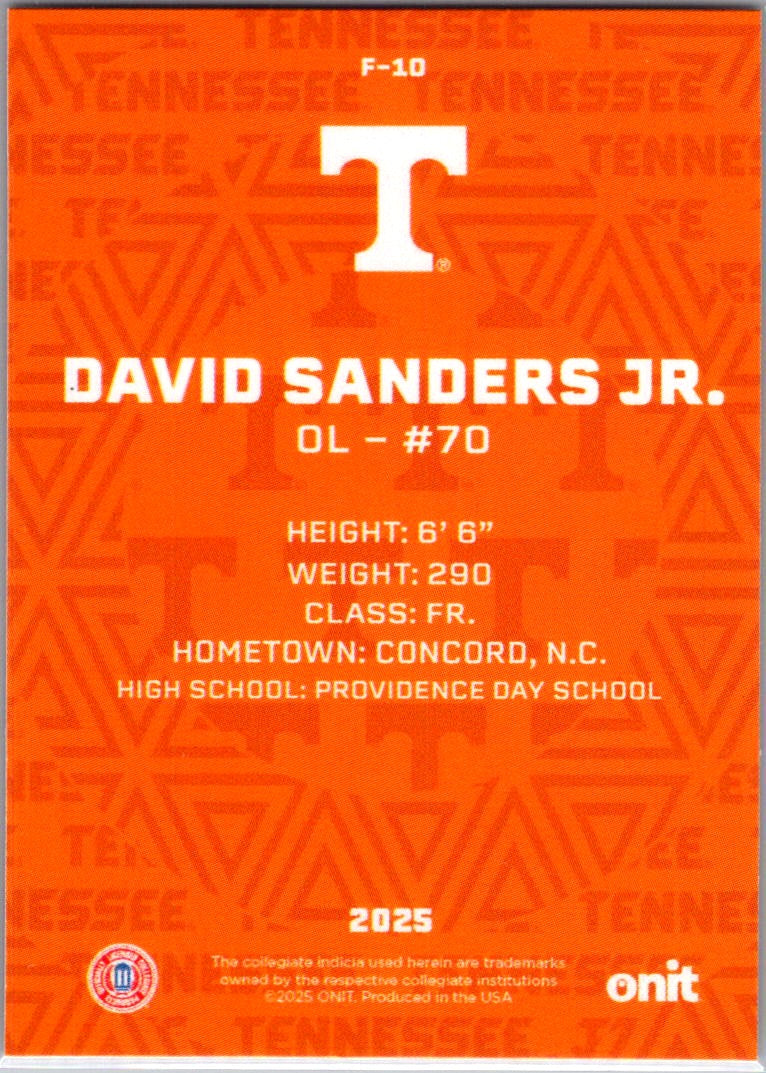 2025 ONIT Athlete Tennessee Volunteers Football David Sanders Jr. #F-10