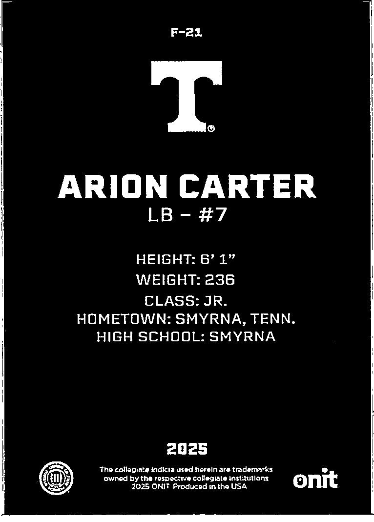 2025 ONIT Tennessee Volunteers Arion Carter #F-21