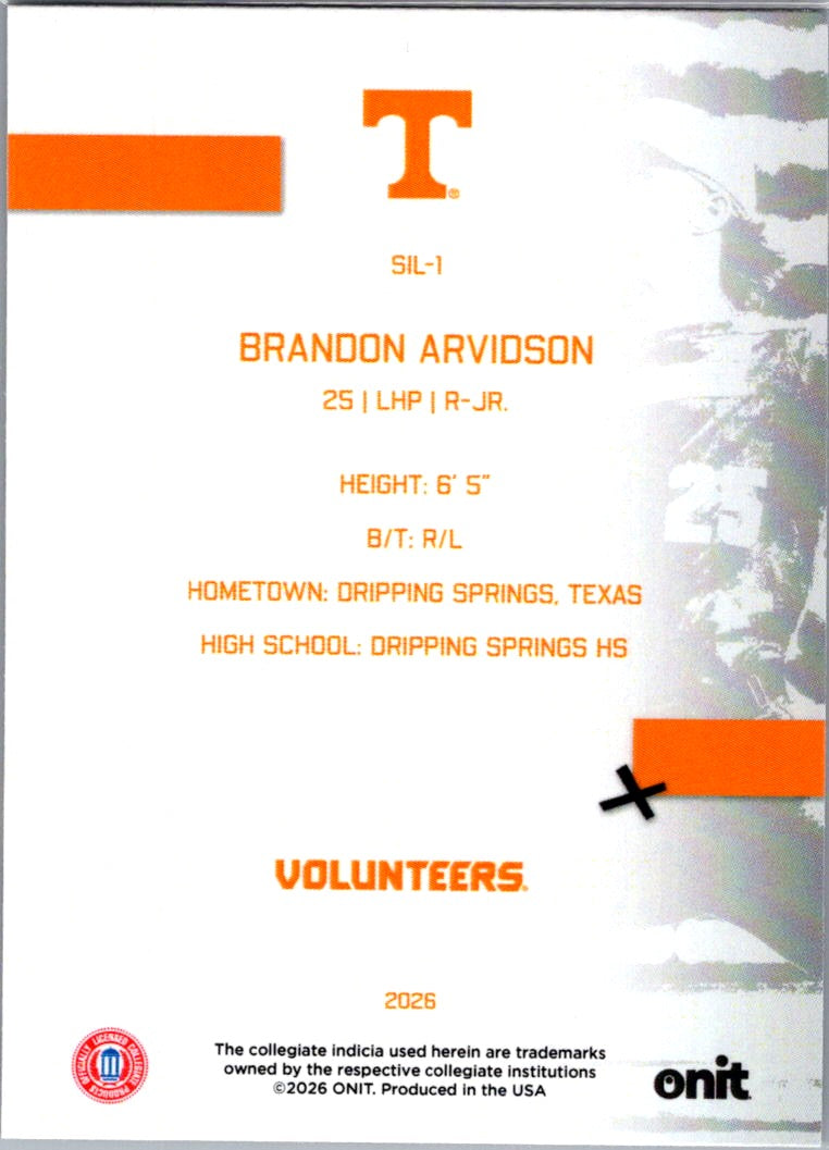2026 ONIT Tennessee Volunteers Brandon Arvidson #SIL-1
